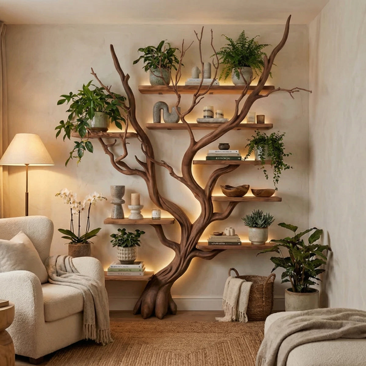 Driftwood Tree Branch Floating Bookshelf for Living Room Walls in Brown finish