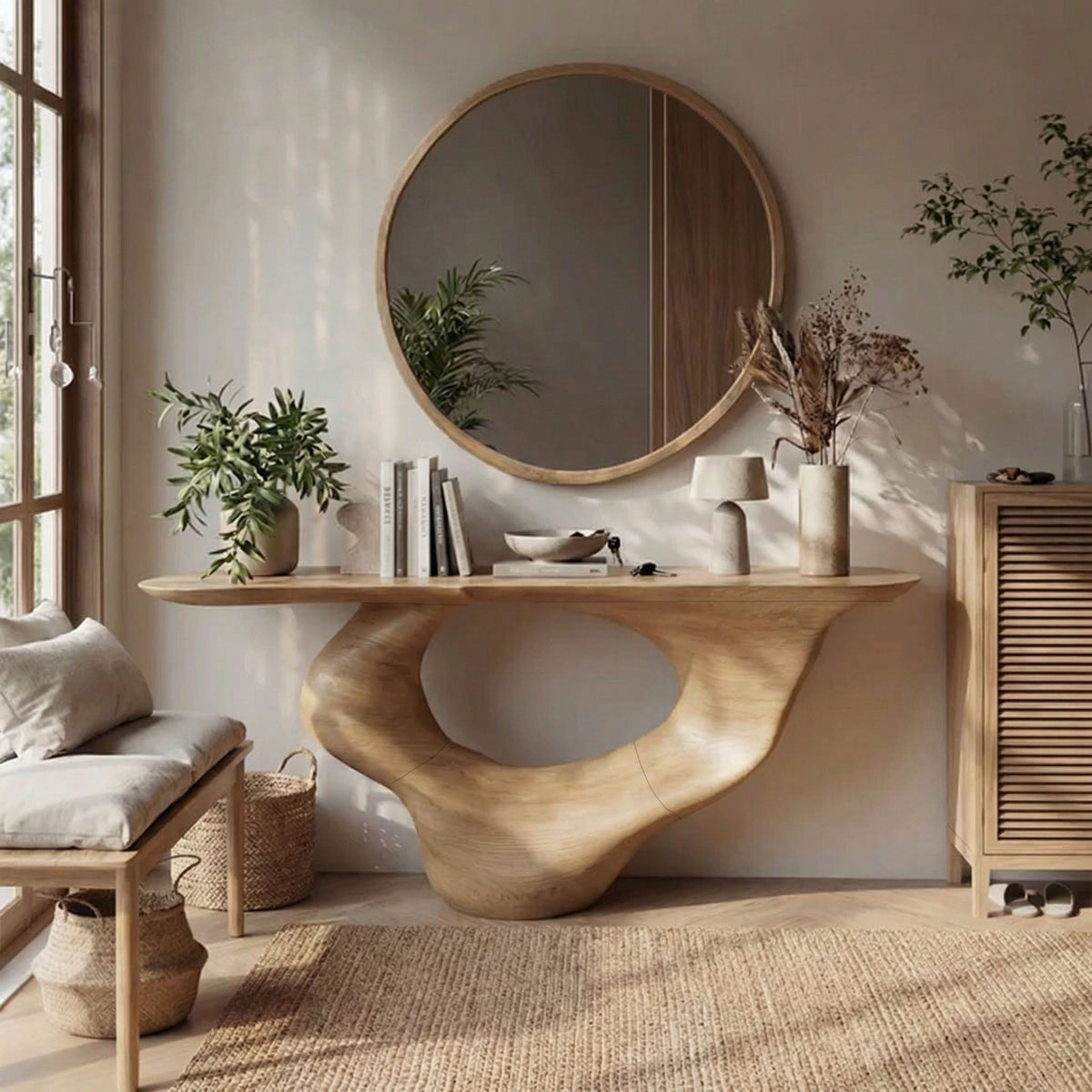 Narrow Handmade Solid Wood Console Table with Artistic Form in Oak finish