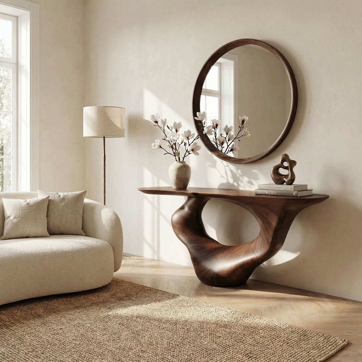 Narrow Handmade Solid Wood Console Table with Artistic Form in Walnut finish