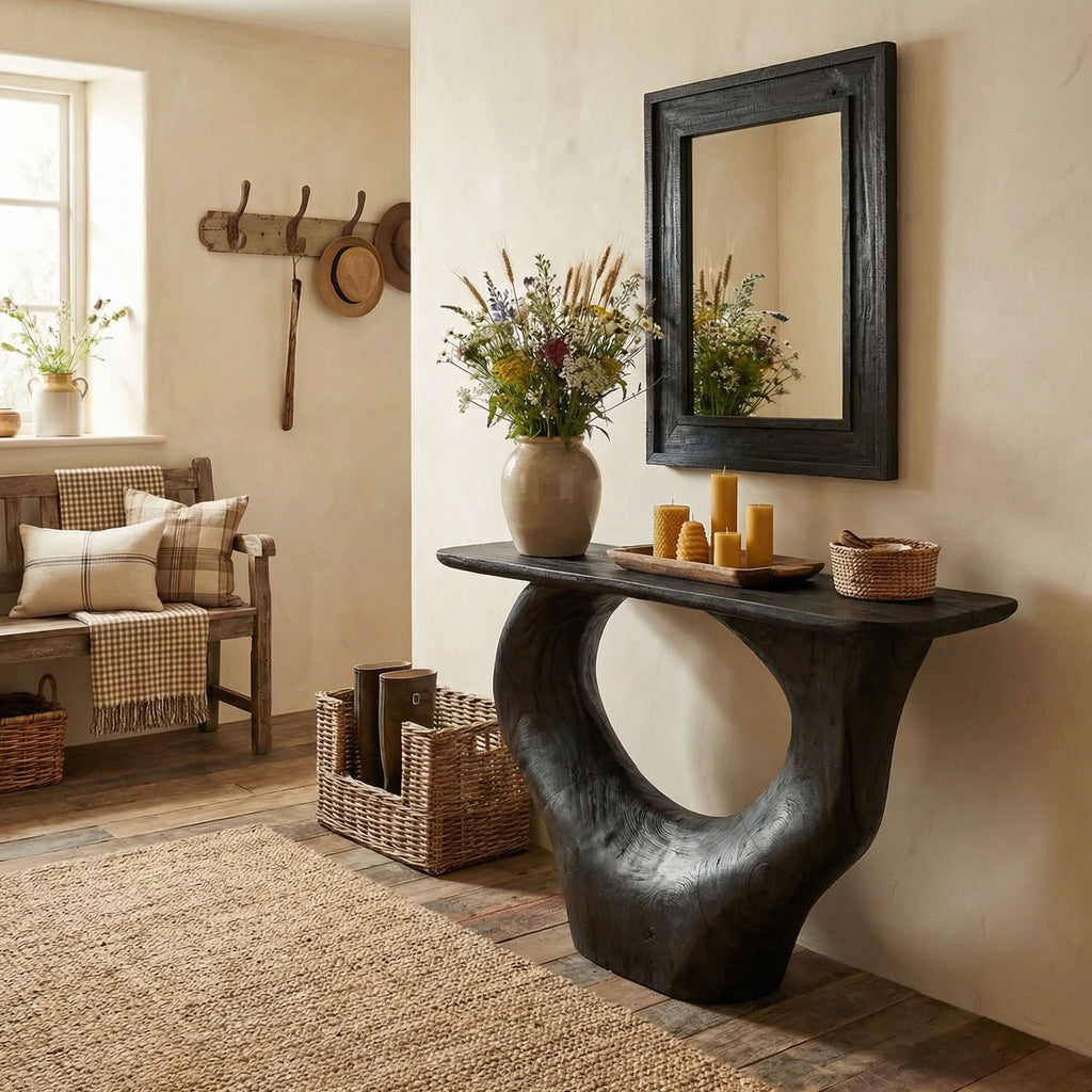 Narrow Handmade Solid Wood Console Table with Artistic Form in Black finish