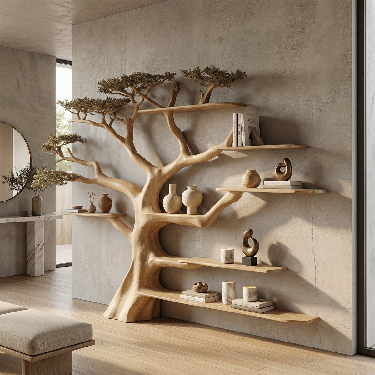 Rustic Tree Branch Bookshelf for Living Room and Library Walls in Oak finish
