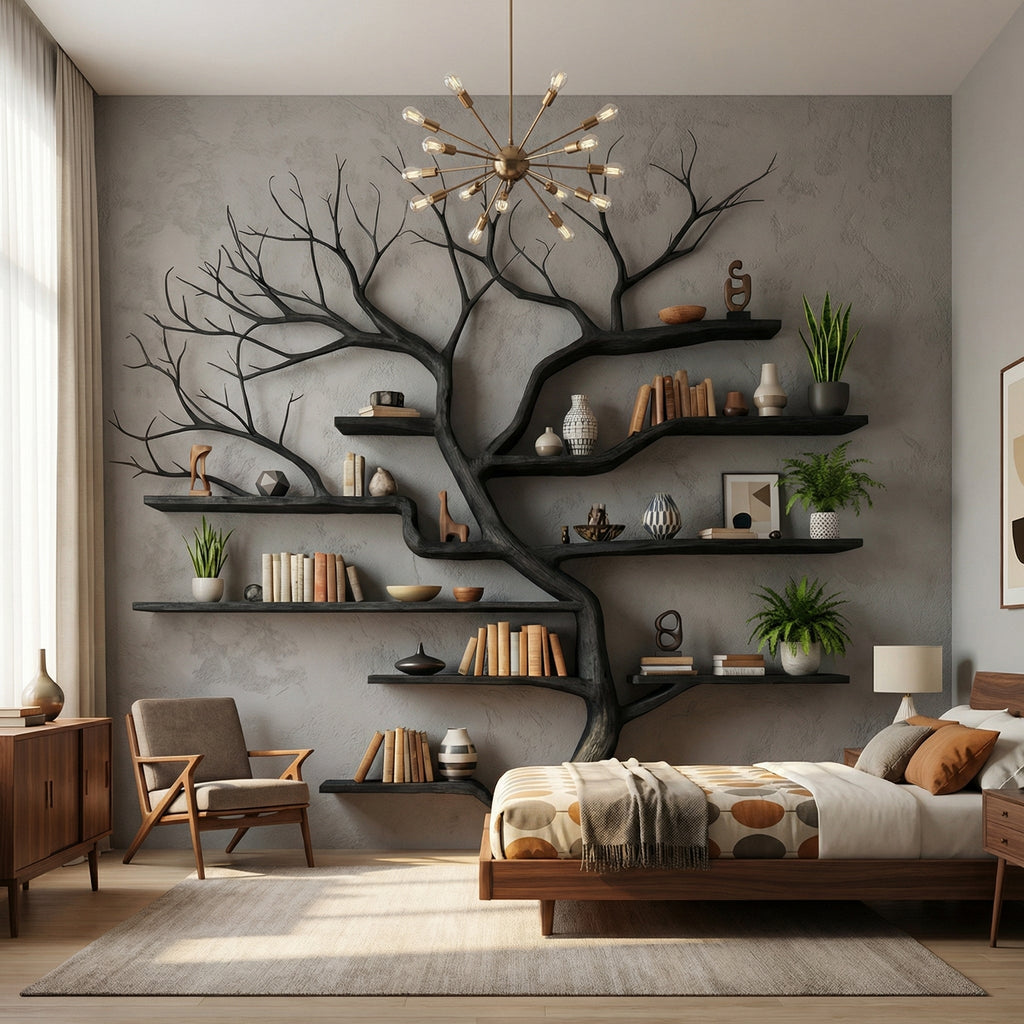 Rustic Tree Branch Floating Wall Bookshelf, 60 x 60 Inch in Black finish