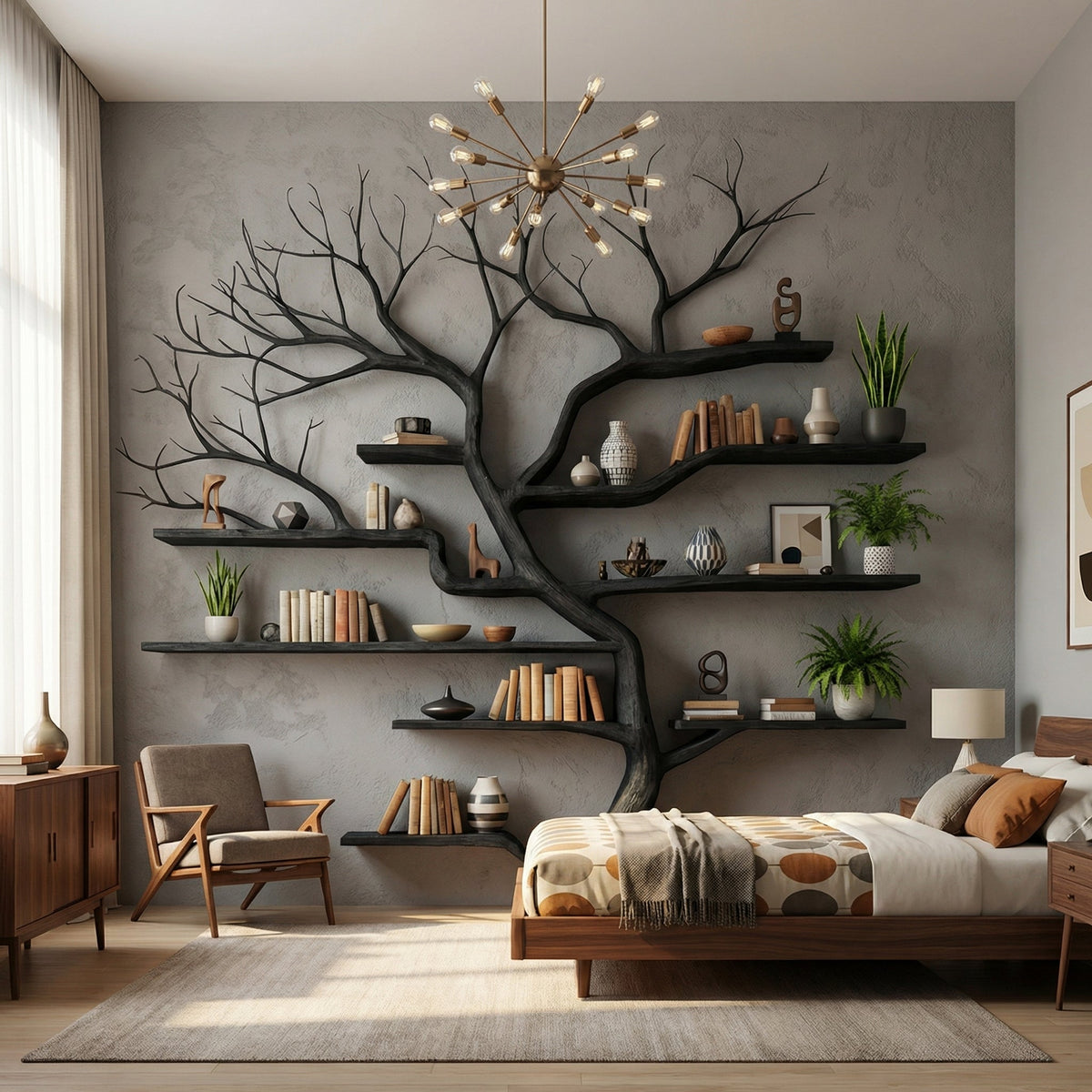 Rustic Tree Branch Floating Wall Bookshelf, 60 x 60 Inch in Black finish
