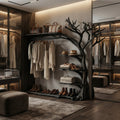 Rustic Tree Branch Coat Rack with Shoe Shelf and Live Edge in Black finish