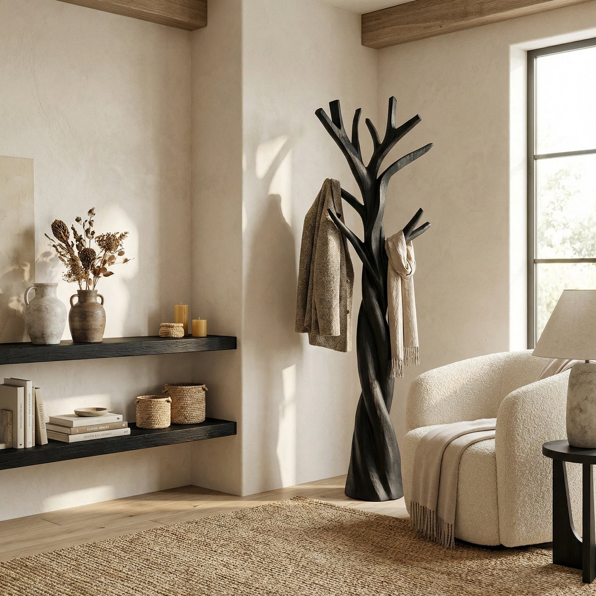 Twisted Tree Branch Solid Wood Coat Rack for Entryway in Black finish