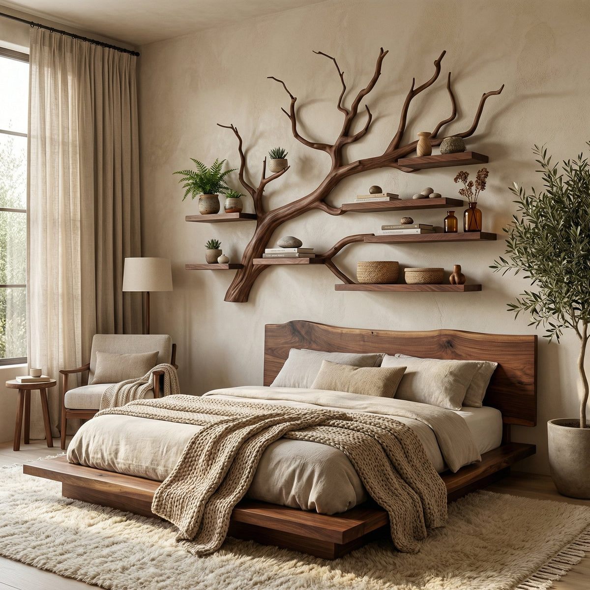Rustic Tree Branch Floating Wall Shelf for Office or Reading Corner in Walnut finish