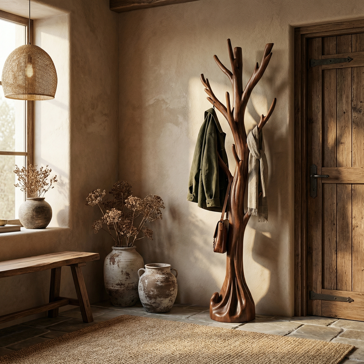 Rustic Driftwood Branch Tree Coat Rack with Optional Support Base in Walnut finish