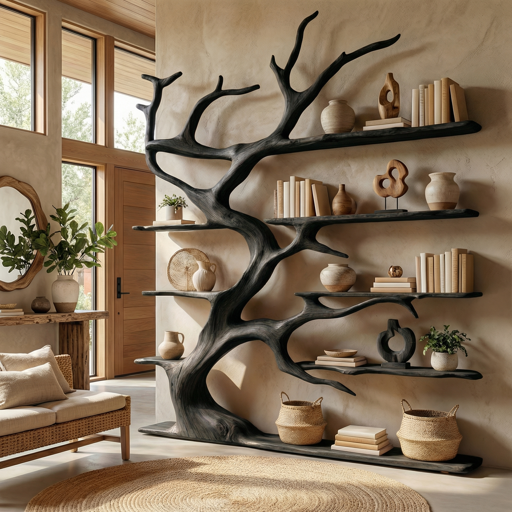 Rustic Tree Branch Bookshelf for Living Room Display in Black finish