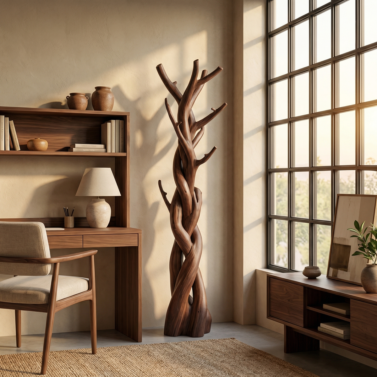 Driftwood Branch Tree Coat Rack for Bedroom or Closet in Walnut finish