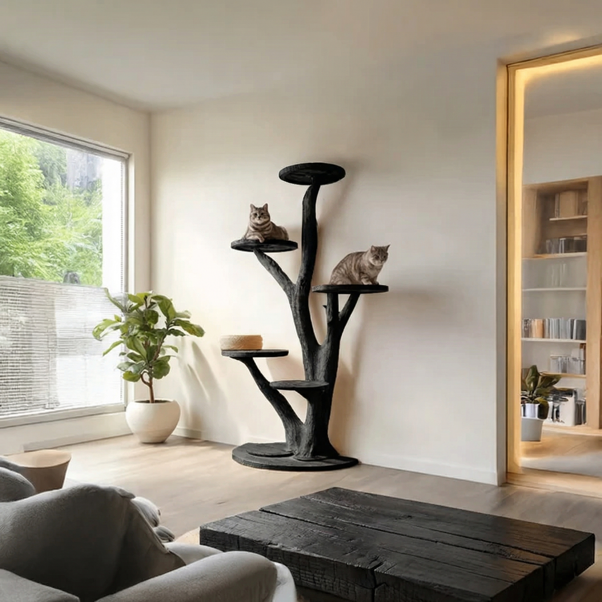 Rustic Solid Wood Tree Cat Tower with Branch Perches in Black finish