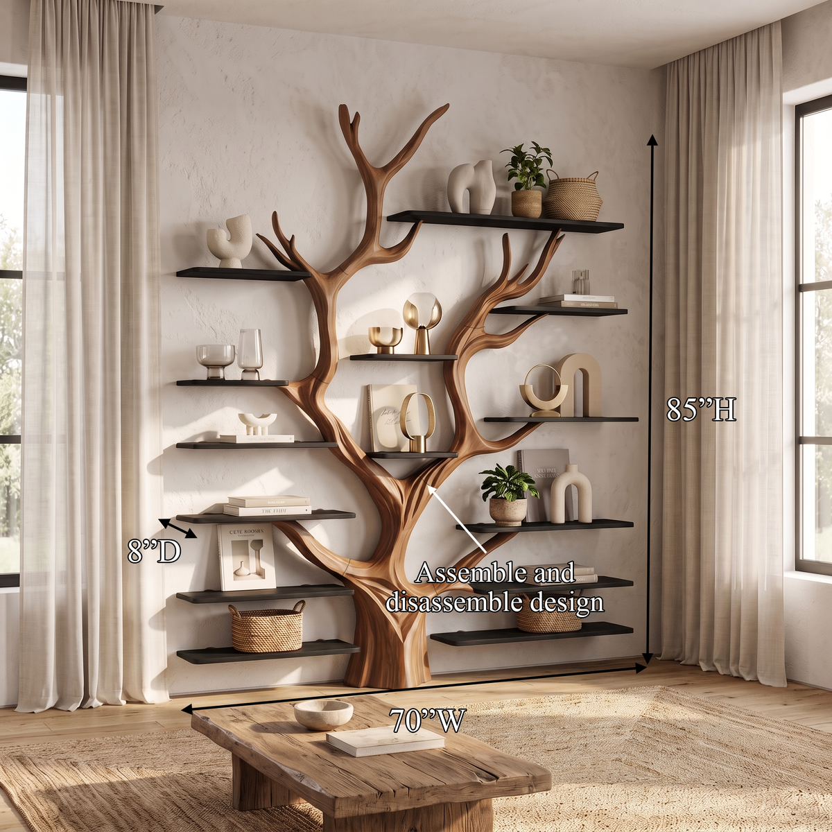 Sculptural Tree-Inspired Wood Bookcase Wall Unit - view 7