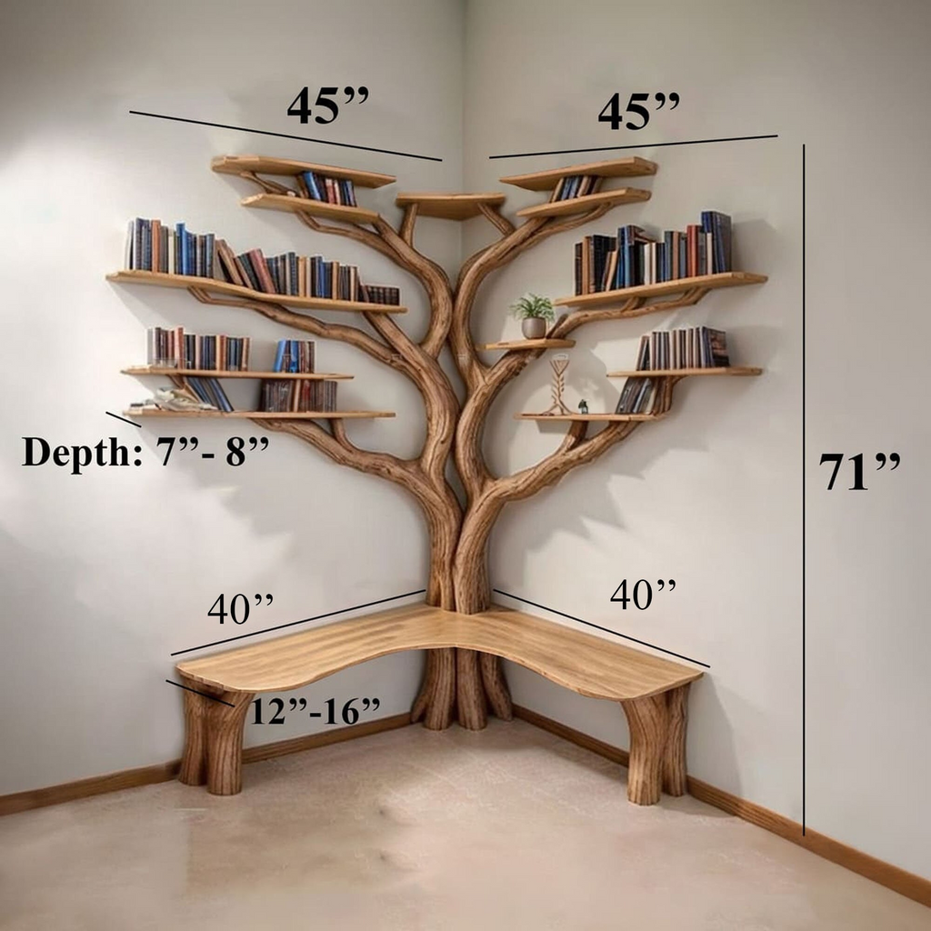 Tree Branch Floating Corner Bookshelf with Optional L-Shaped Bench - view 8