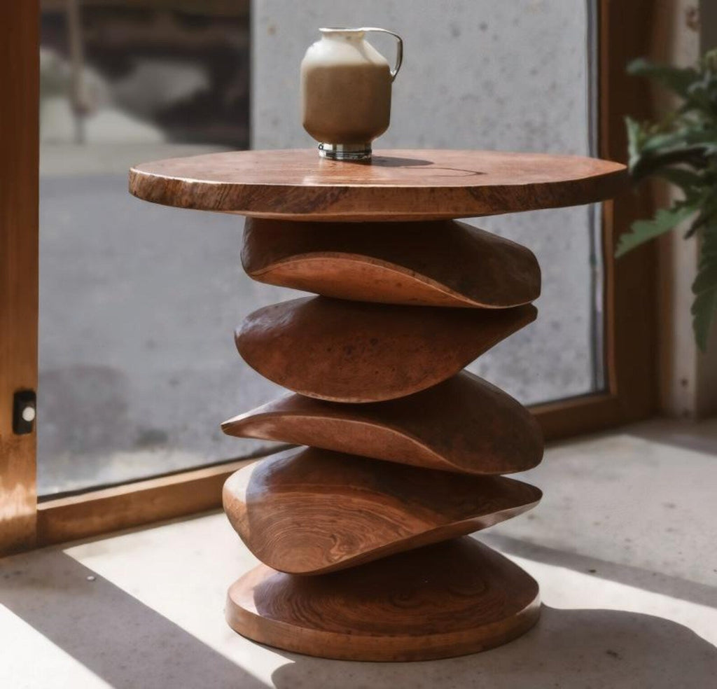 Sculptural Solid Wood Side Table for Living Room or Balcony