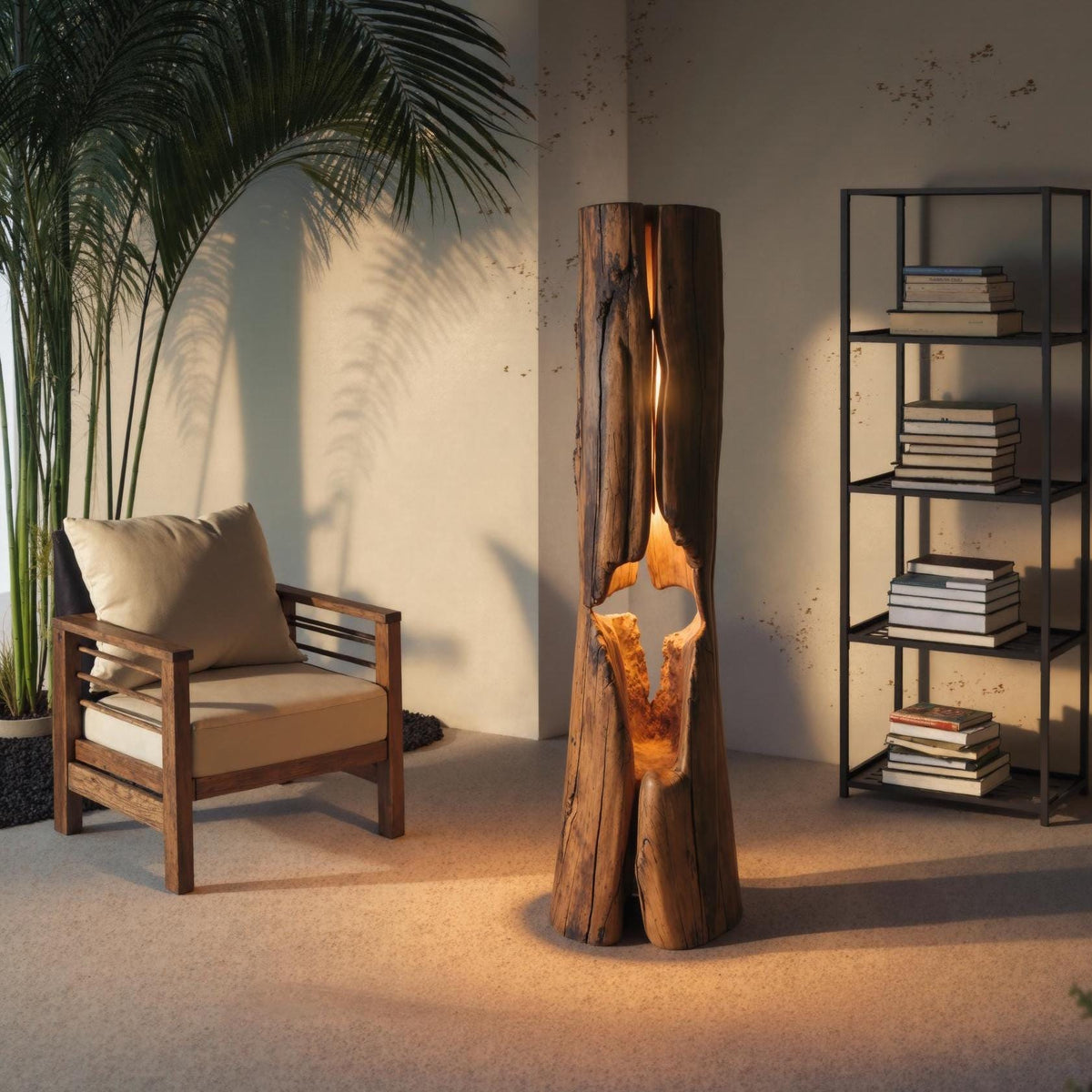 Rustic Hollowed Log Wooden Floor Lamp for Living Room and Bedroom