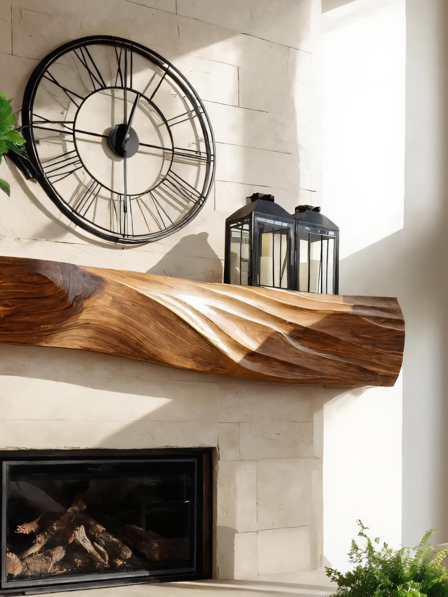 Solid Wood Block Fireplace Mantel with Sculpted Grain Surface - view 5