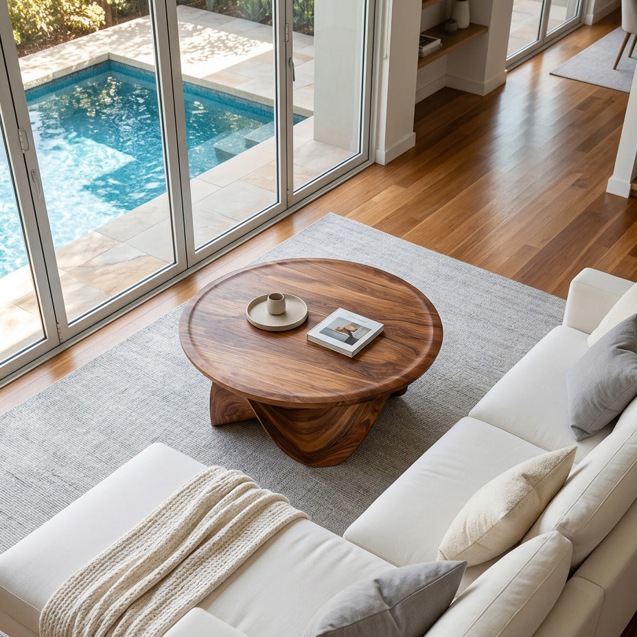 Solid Wood Round Coffee Table with Sculptural Curved Base - view 3