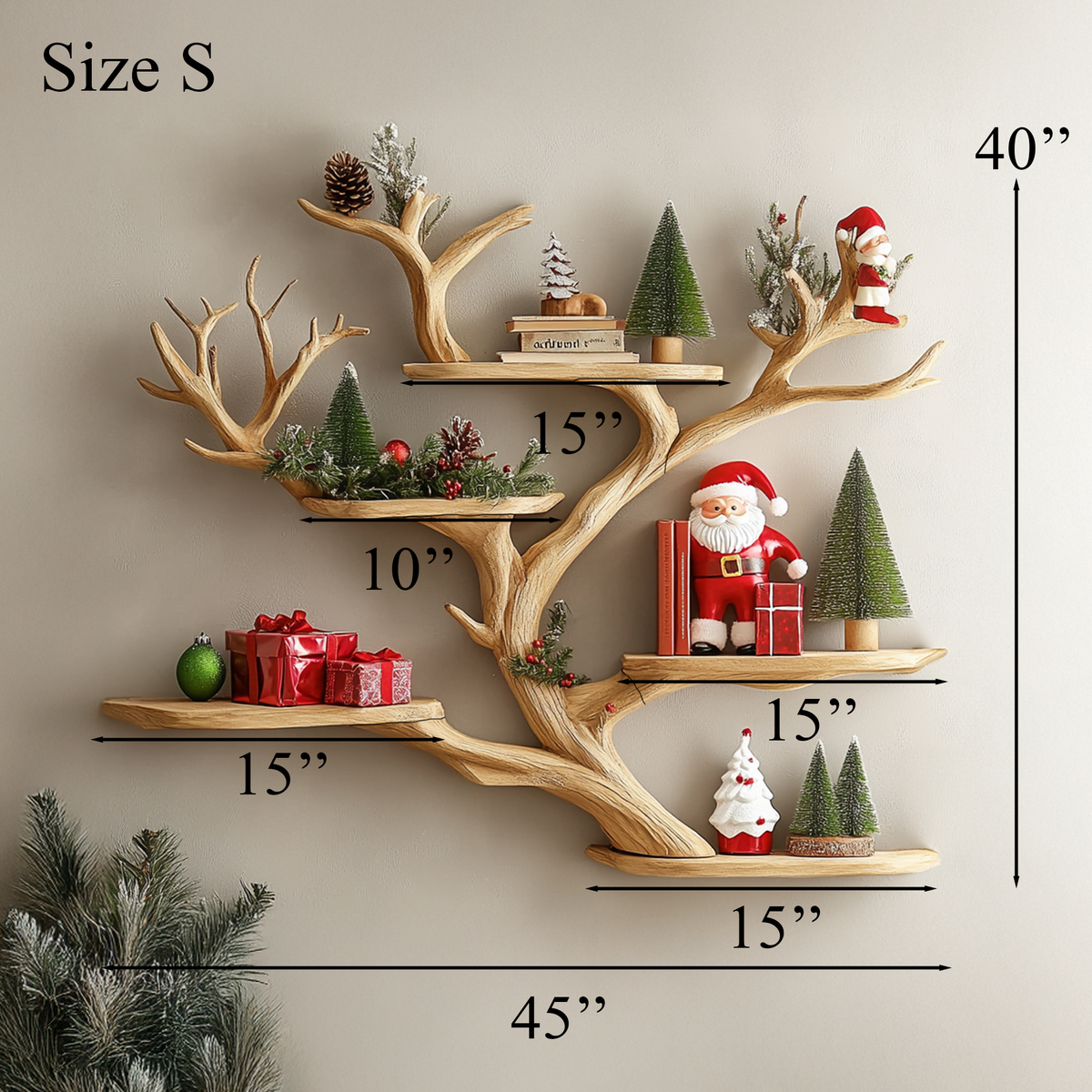 Tree Branch Floating Corner Bookshelf in Handcrafted Wood in Brown finish