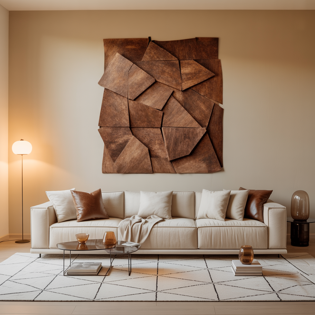 Solid Wood Geometric Wall Art with Layered Faceted Panels in Oak finish