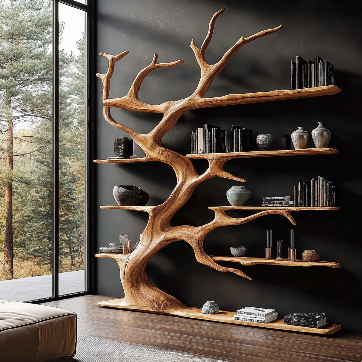 Rustic Tree Branch Bookshelf for Living Room Display