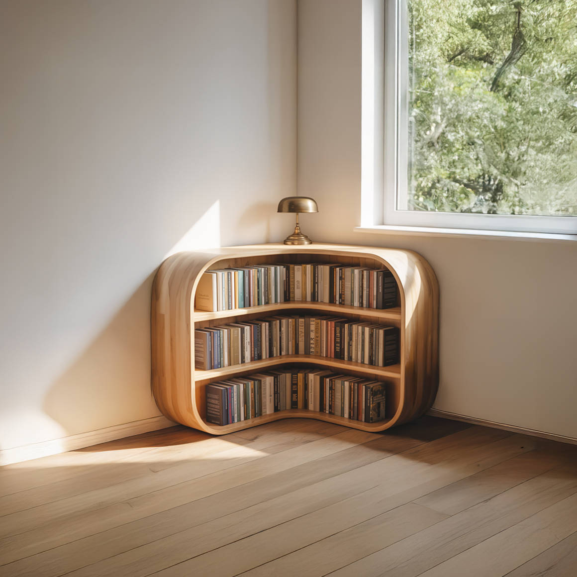 Mid-Century Solid Wood Corner Bookshelf with Curved Compartments