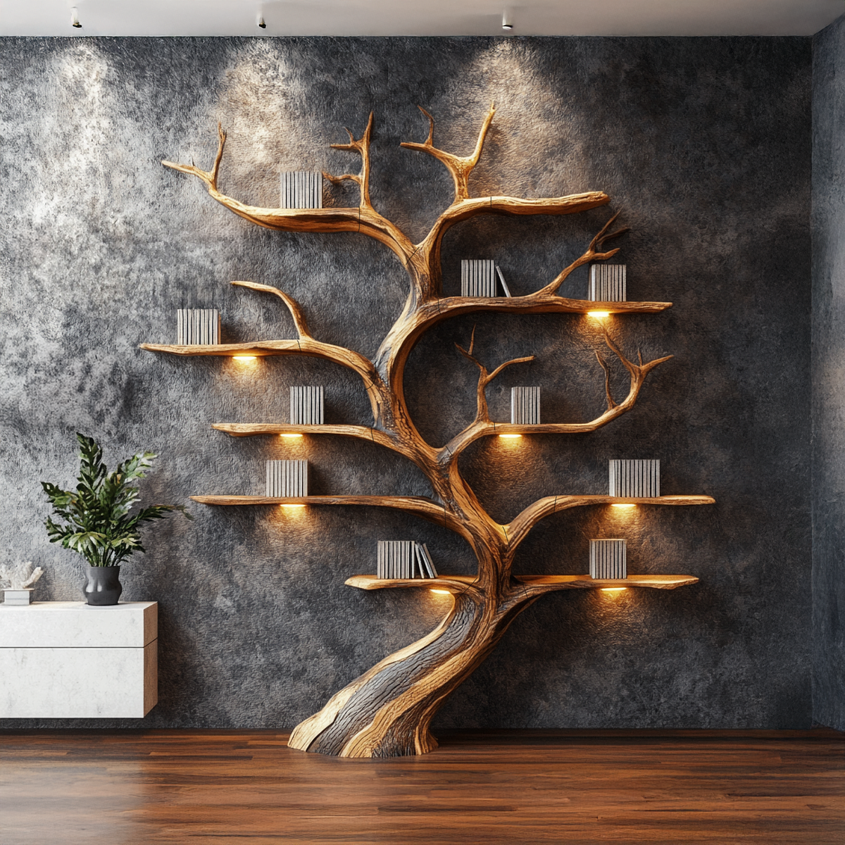 Driftwood-Style Tree Branch Wall Shelf in Rustic Solid Wood