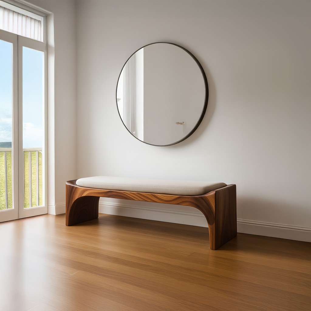 Mid-Century Modern Solid Wood Bench with Seat Cushion