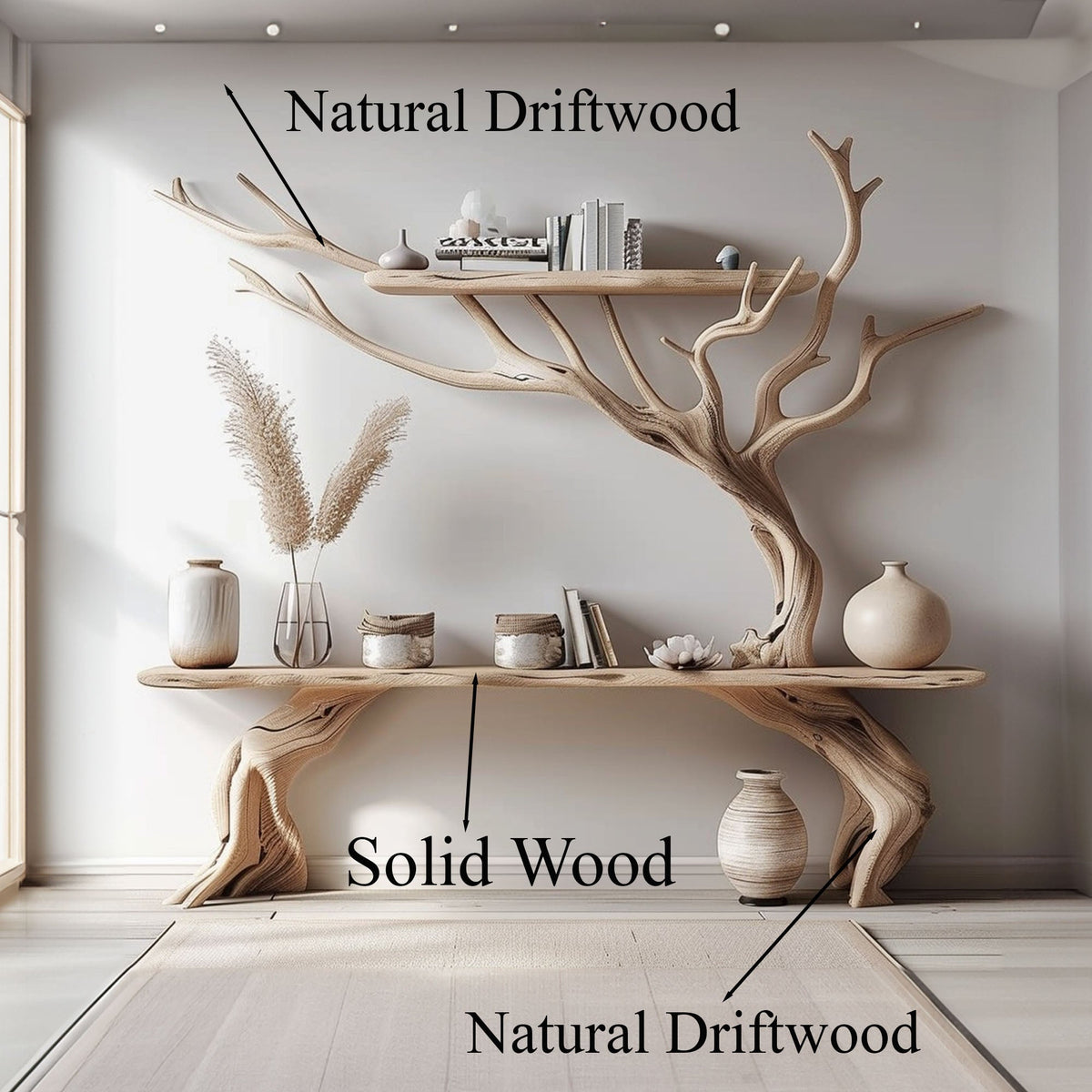 Driftwood Narrow Console Table with Tree Branch Bookshelf Base - view 4