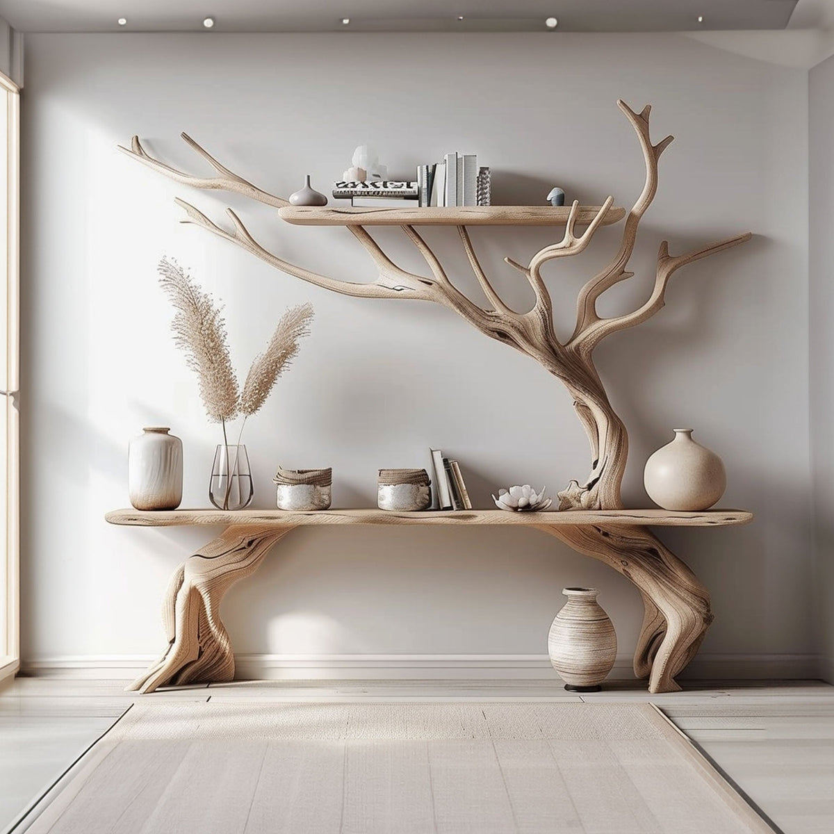 Driftwood Narrow Console Table with Tree Branch Bookshelf Base