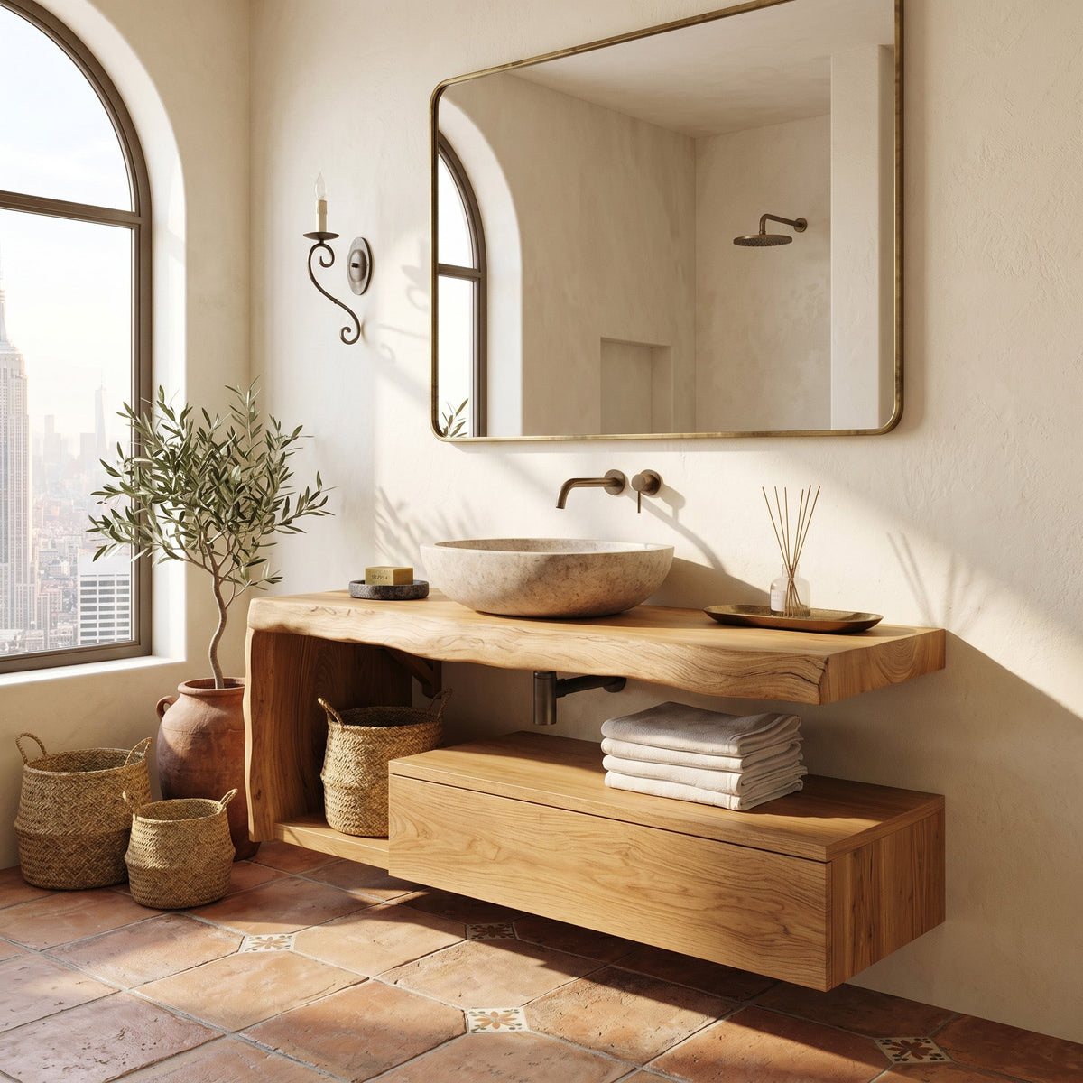 Modern Floating Solid Wood Bathroom Vanity with Drawer and Shelf in Oak finish