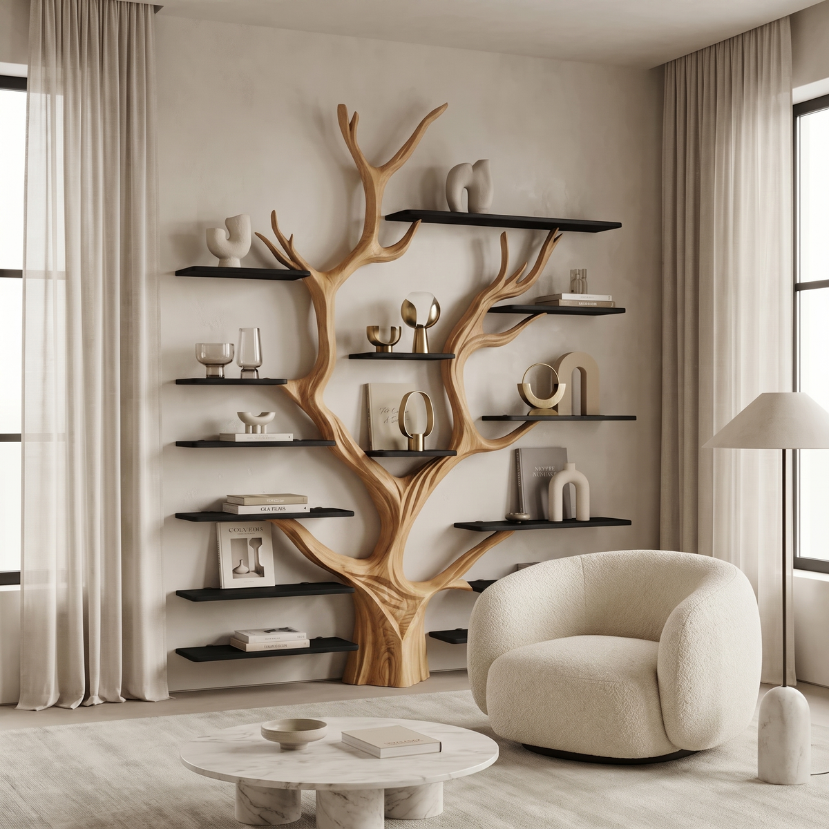 Sculptural Tree-Inspired Wood Bookcase Wall Unit in Oak finish