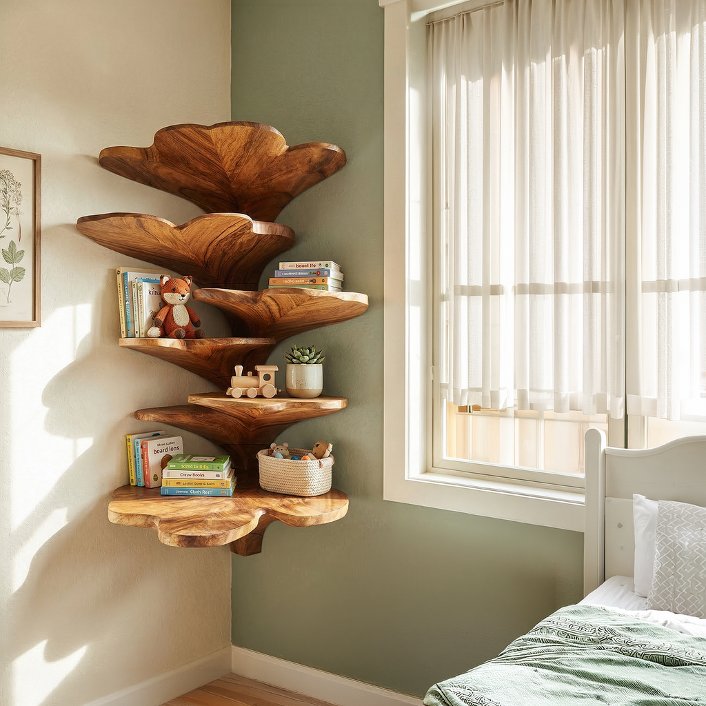 Boho Leaf-Shaped Solid Wood Corner Shelf for Nursery Walls - view 3