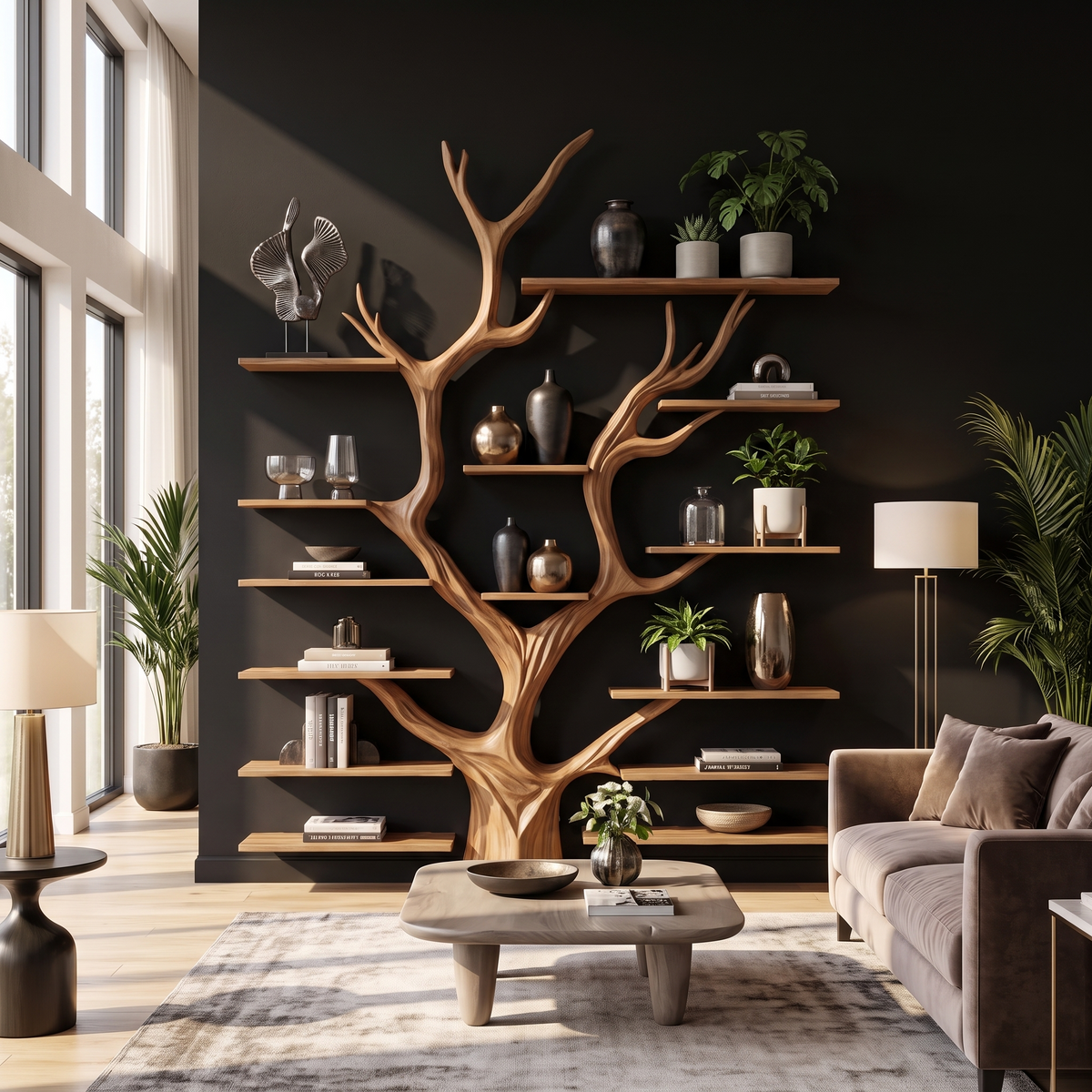 Sculptural Tree-Inspired Wood Bookcase Wall Unit - view 2