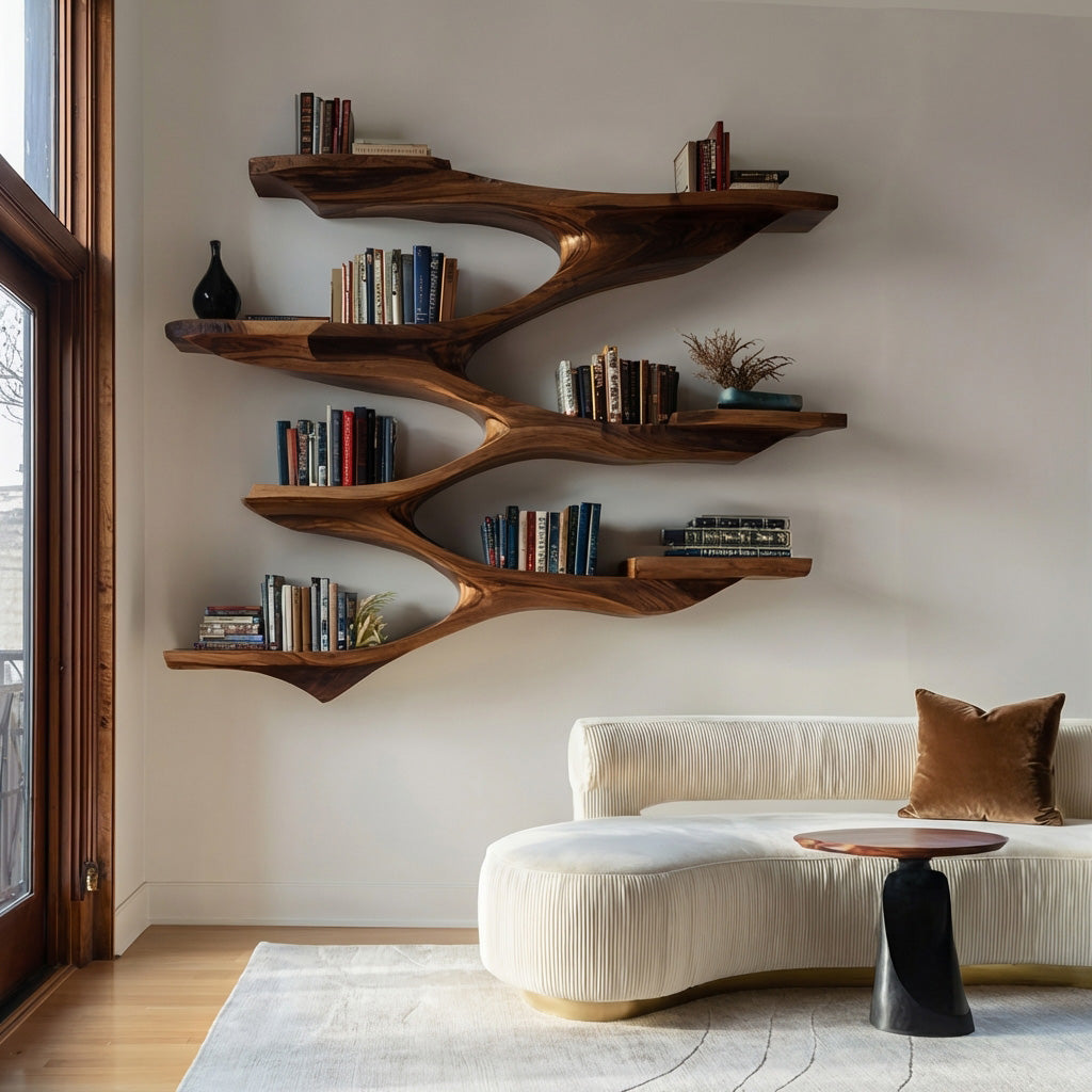Mid-Century Solid Wood Wall Shelf with Sculptural Tiered Spine in Brown finish