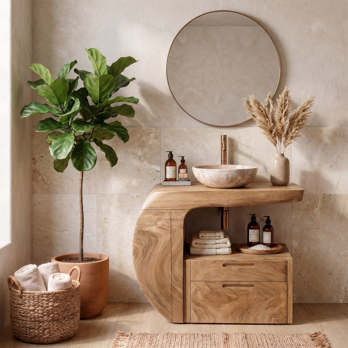 Modern Organic Wood Bathroom Vanity with Open Shelf Cabinet in Oak finish