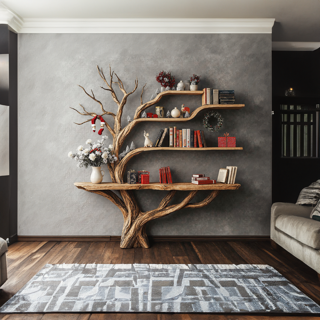 Narrow Floating Live Edge Console Table with Tree Branch Bookshelf - view 2