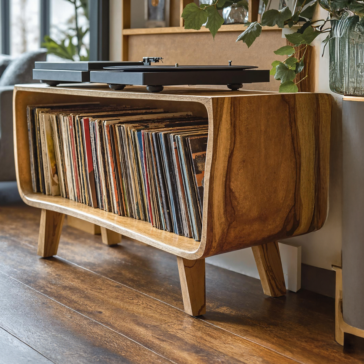 Solid Wood Record Player Stand with Open Vinyl Storage
