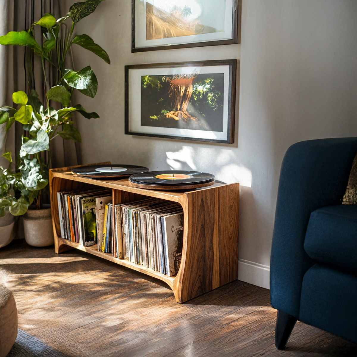 Mid-Century Low Record Player Stand in Natural Wood - view 2