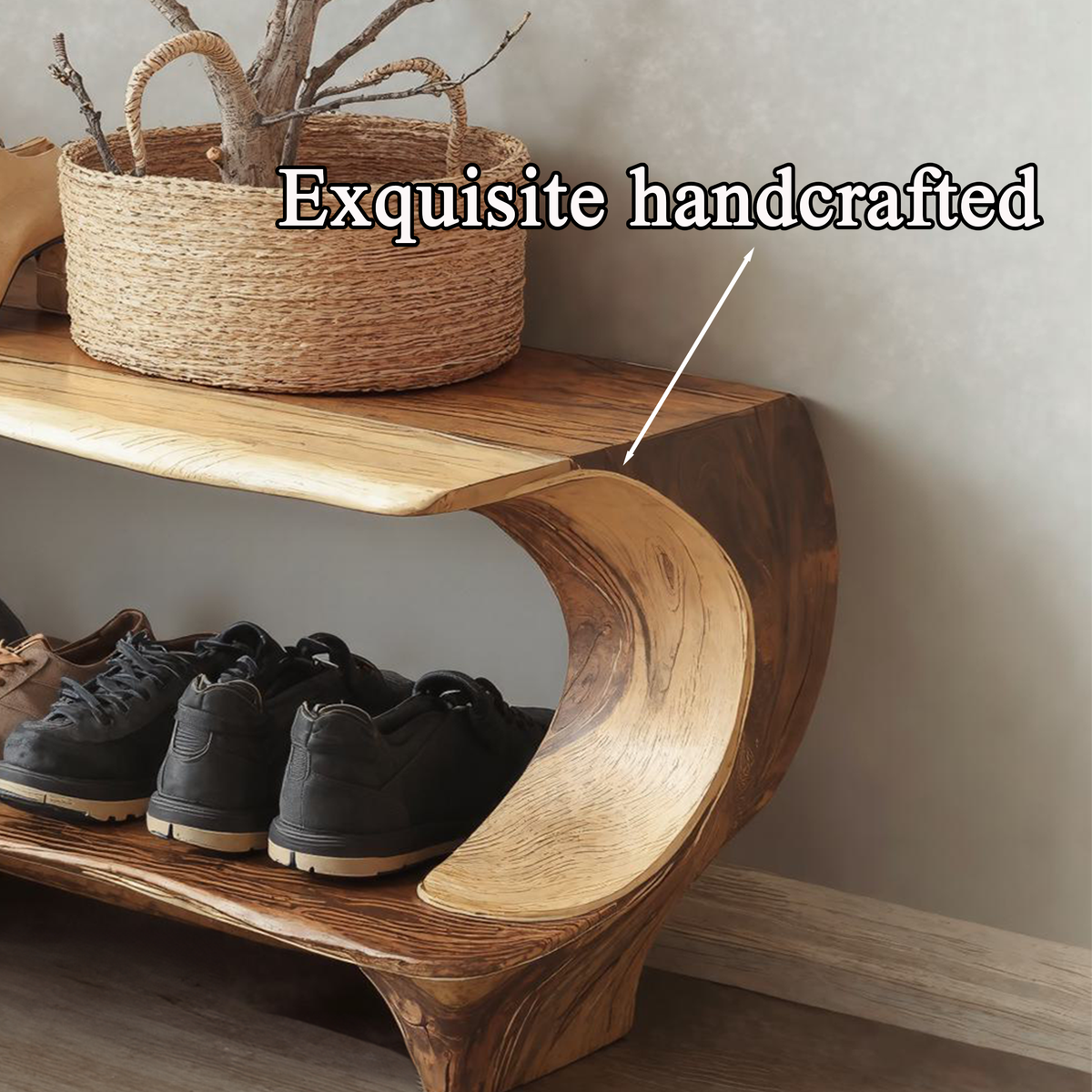 Narrow Solid Wood Entryway Shoe Rack Bench with Live Edge - view 5