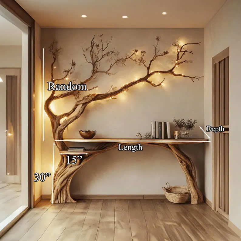 Natural Solid Wood Console Side Table with Tree Bookshelf - view 6