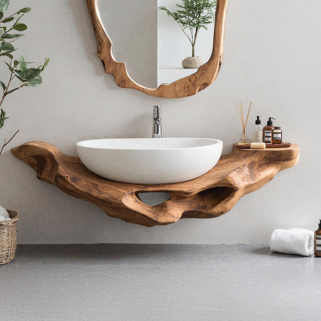 Low-Profile Live Edge Floating Vanity Shelf for Small Bathrooms