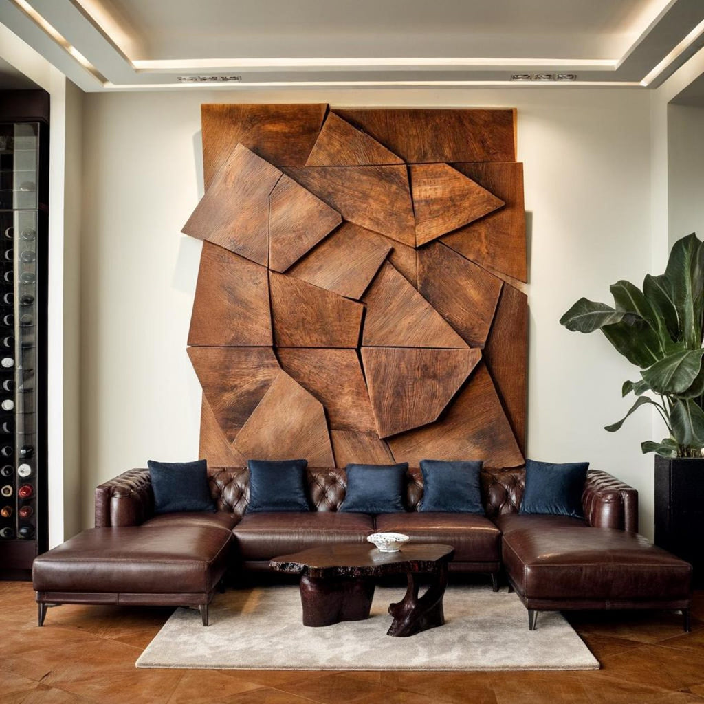 Solid Wood Geometric Wall Art with Layered Faceted Panels