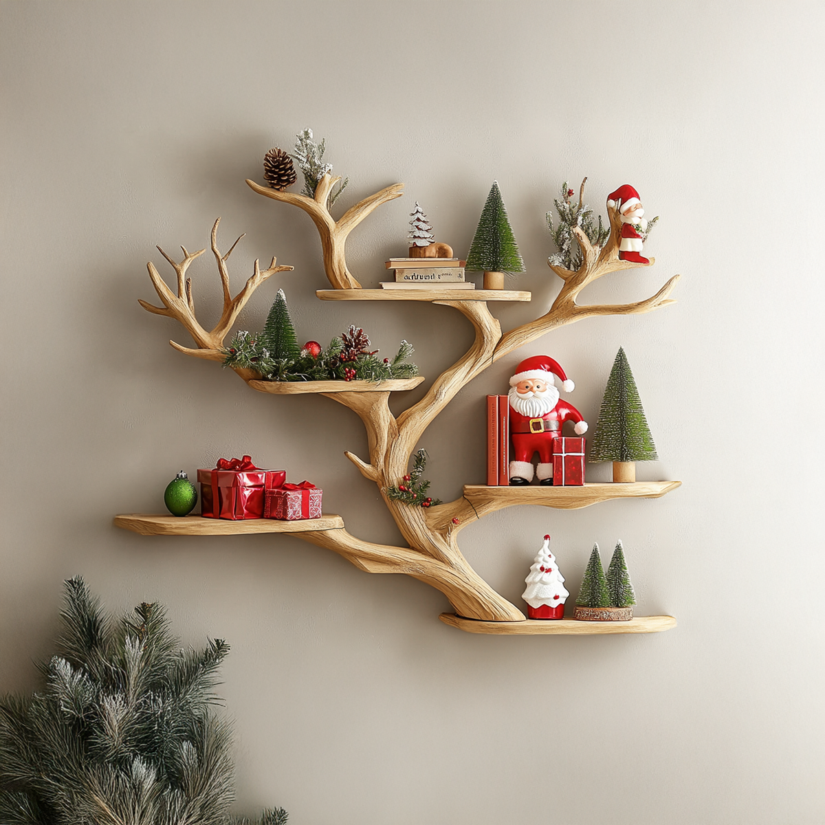 Tree Branch Floating Corner Bookshelf in Handcrafted Wood