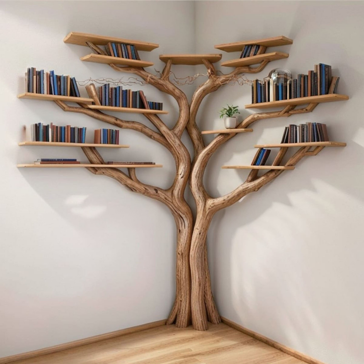 Tree Branch Floating Corner Bookshelf with Optional L-Shaped Bench in Oak finish