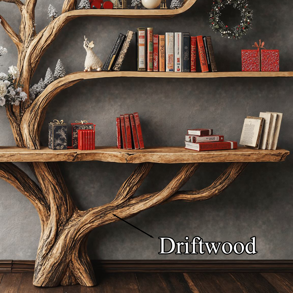 Narrow Floating Live Edge Console Table with Tree Branch Bookshelf - view 5