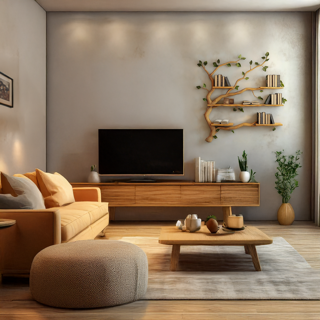 Wall-Mounted Tree Branch Bookcase with Floating Wood Shelves - view 2