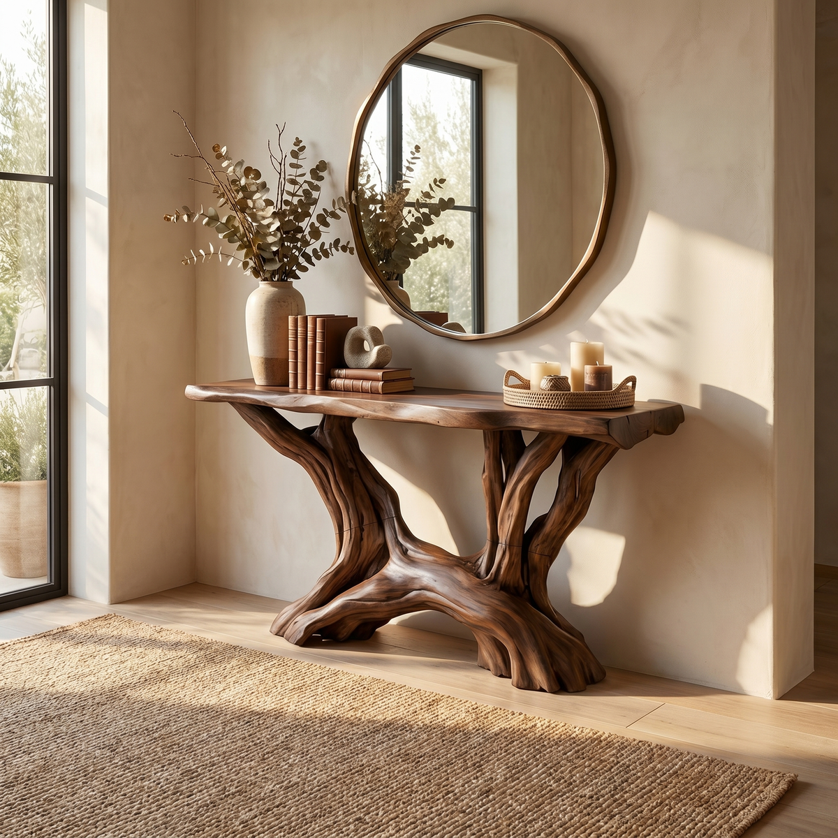 Rustic Organic Solid Wood Console Table with Open Shelving in Walnut finish