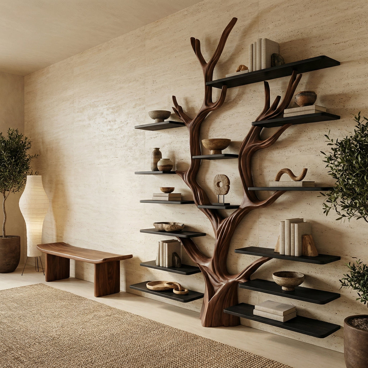 Sculptural Tree-Inspired Wood Bookcase Wall Unit in Walnut finish