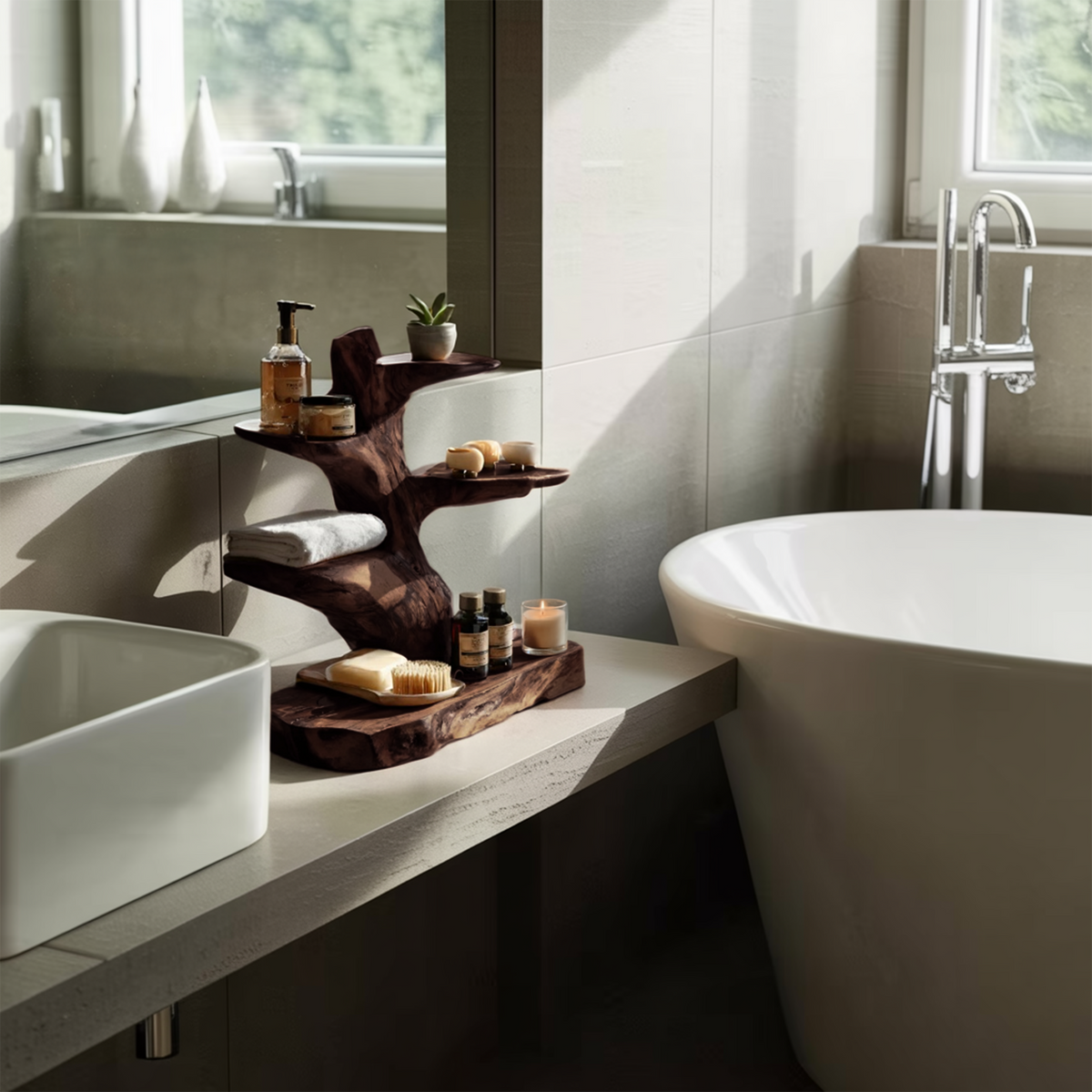 Modern Organic Solid Wood Countertop Bathroom Shelf with Tiers in Walnut finish