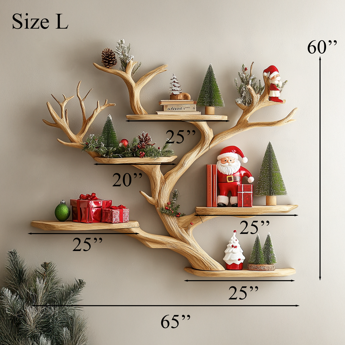 Tree Branch Floating Corner Bookshelf in Handcrafted Wood in Brown finish
