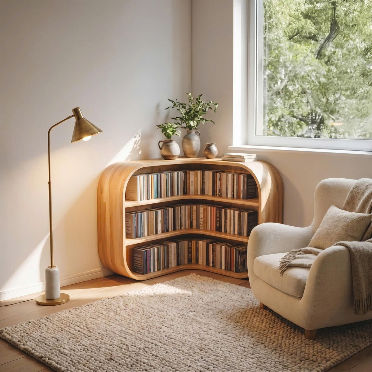 Mid-Century Solid Wood Corner Bookshelf with Curved Compartments in Oak finish